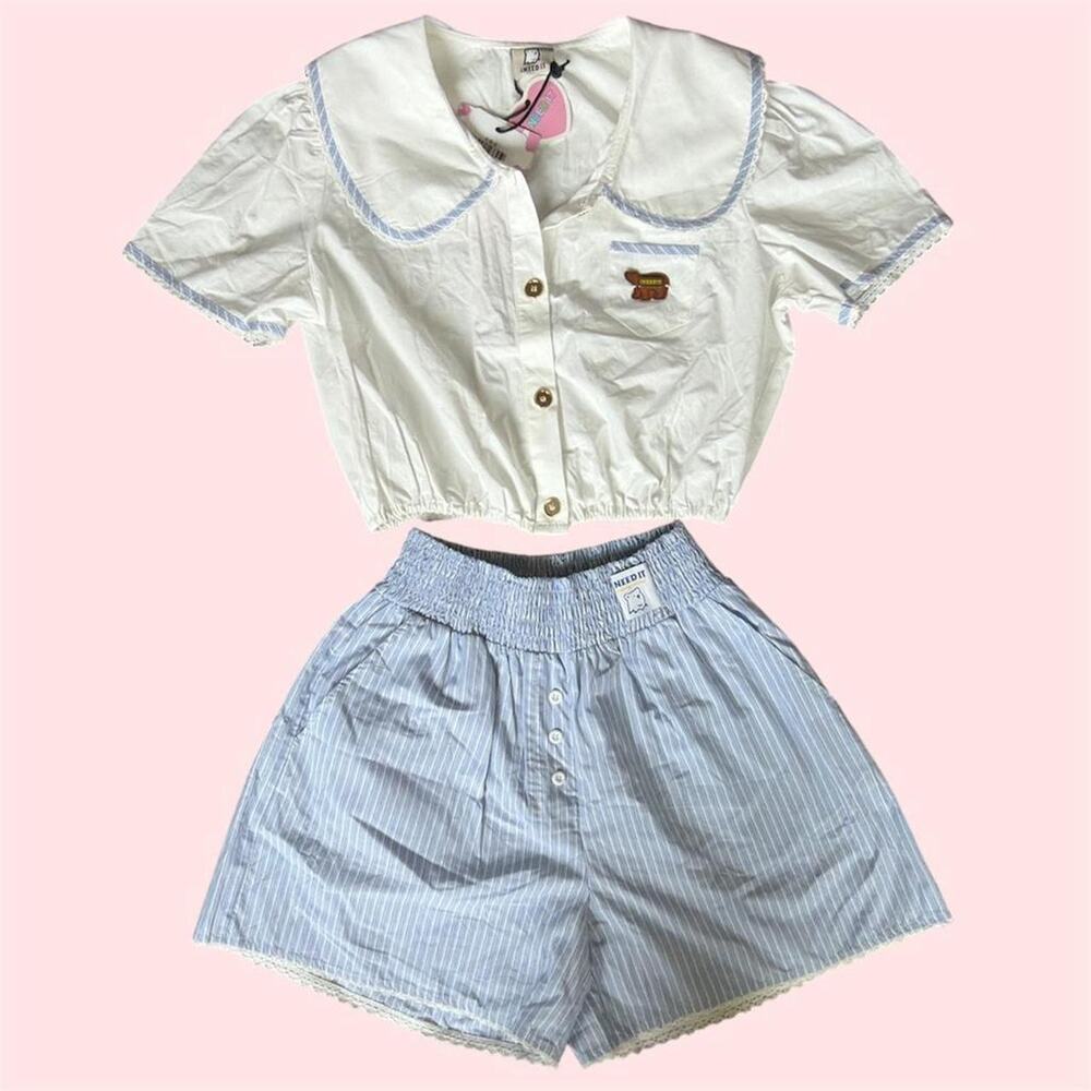 Chinese boutique White & blue striped sailor shorts set